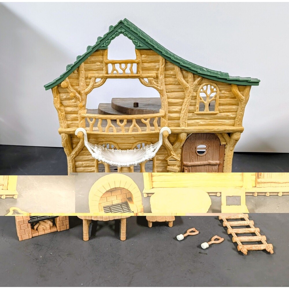 Calico Critters Lakeside Lodge Cabin Playset Hammock Fireplace Table Chair Lot